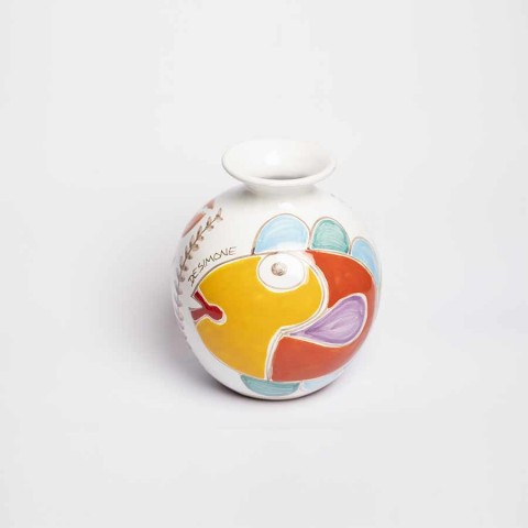 handmade Round Cachepot Folk Fish VS507FK-PE/GR handmade Round Cachepot Folk Fish VS507FK-PE/GR